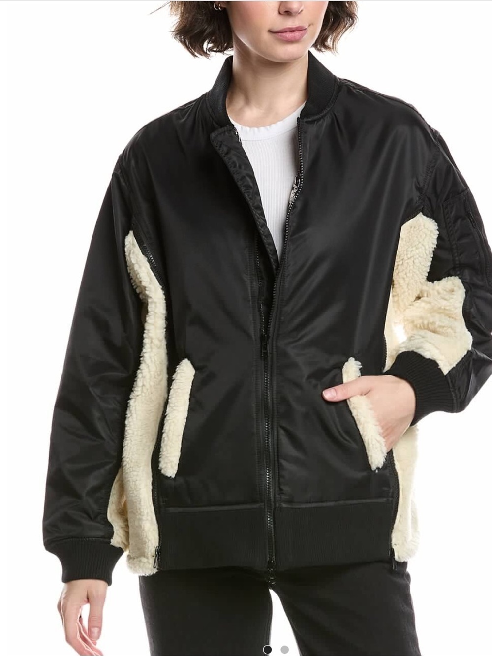 CAbi Charisma Black Bomber Jacket with Cream Sherpa Trim